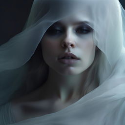 A close-up portrait for an album cover depicting an ethereal female ghost, showcasing her otherworldly beauty in remarkable detail