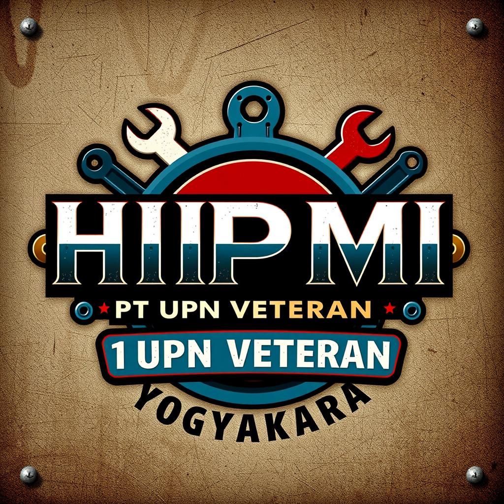 A typographic design featuring the bold, retro-style text "HIPMI, PT UPN VETERAN YOGYAKARTA"