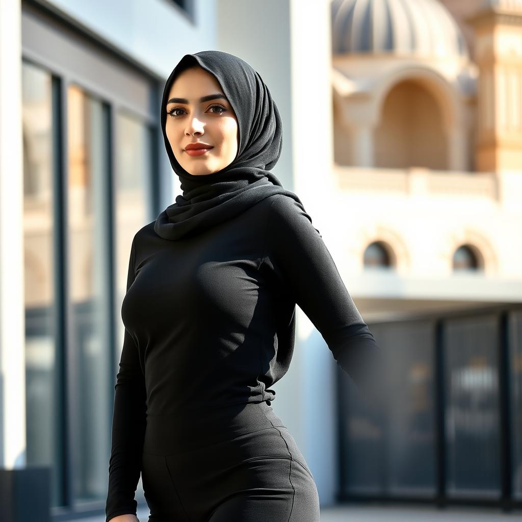 A beautiful Iranian woman wearing a stylish black hijab, paired with a chic black top and form-fitting black leggings