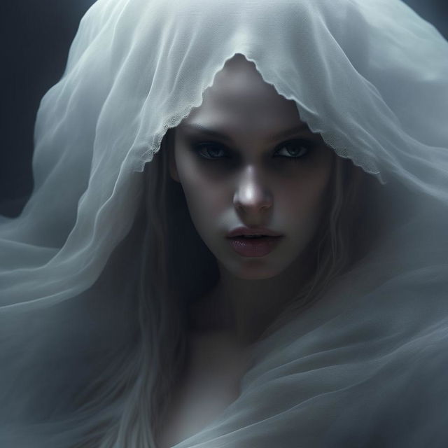 A close-up portrait for an album cover depicting an ethereal female ghost, showcasing her otherworldly beauty in remarkable detail