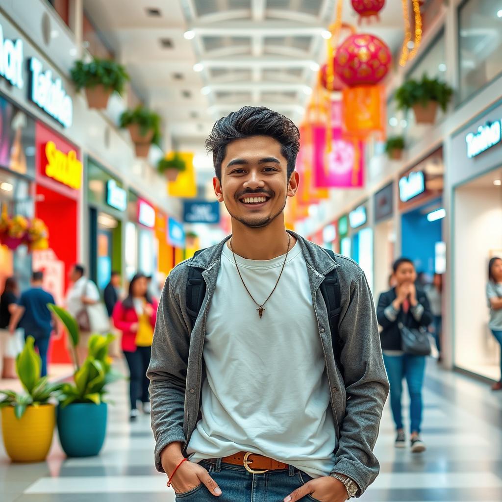 A person standing upright in a vibrant shopping center