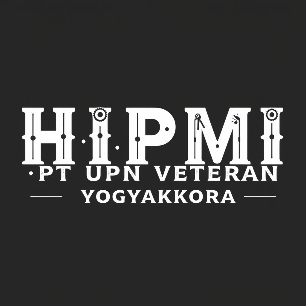 A typographic design featuring the text "HIPMI, PT UPN VETERAN YOGYAKARTA" crafted from a combination of retro fonts that playfully interact, emphasizing a vintage automotive garage theme