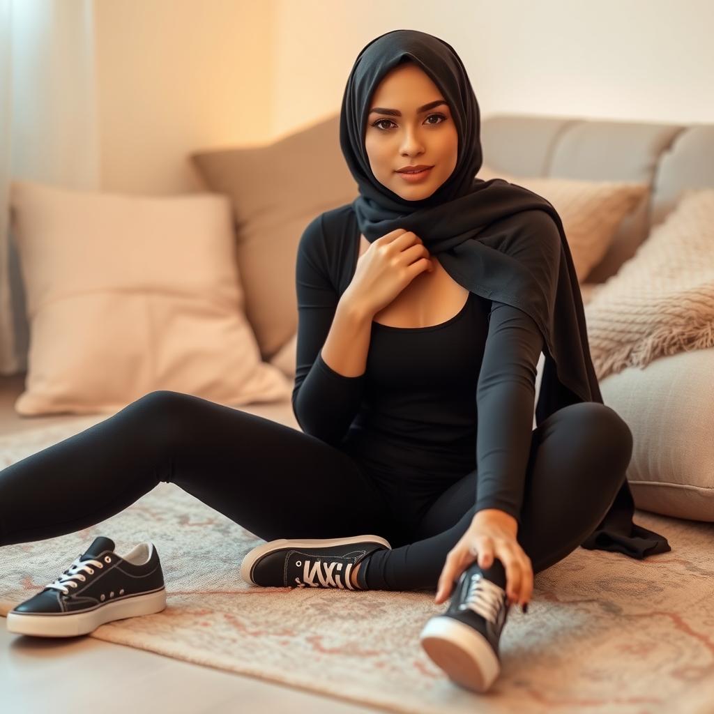 A beautiful Iranian woman wearing a stylish black hijab, along with a fitting black top and black tight leggings, sits gracefully on the floor