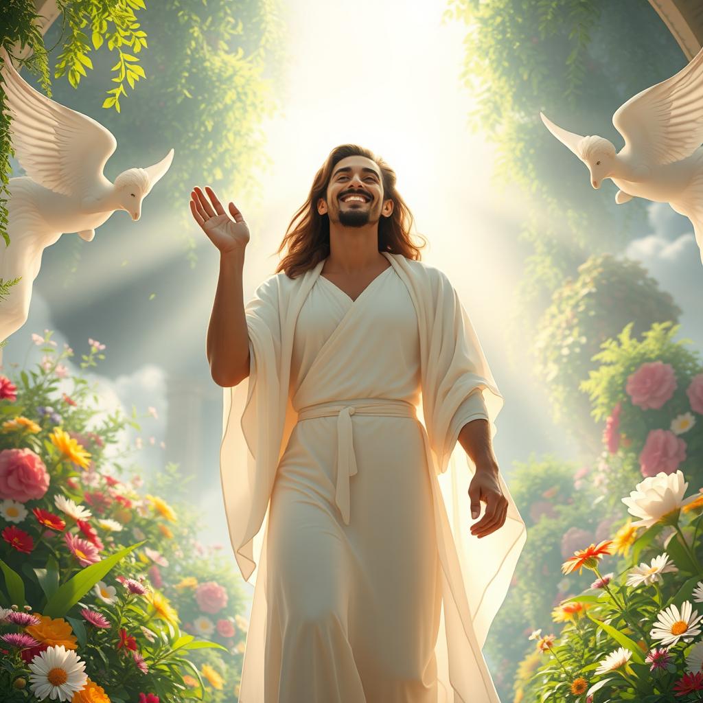 In the scene of Hashar (Resurrection Day), depict the first person entering Paradise, radiating with light and happiness