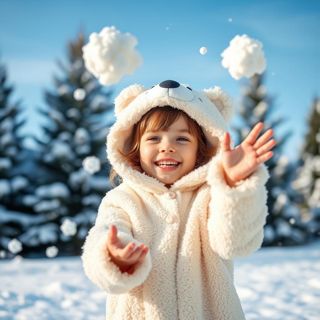 A young girl joyfully playing outside, dressed in a charming polar bear costume complete with fluffy ears and a cozy hood