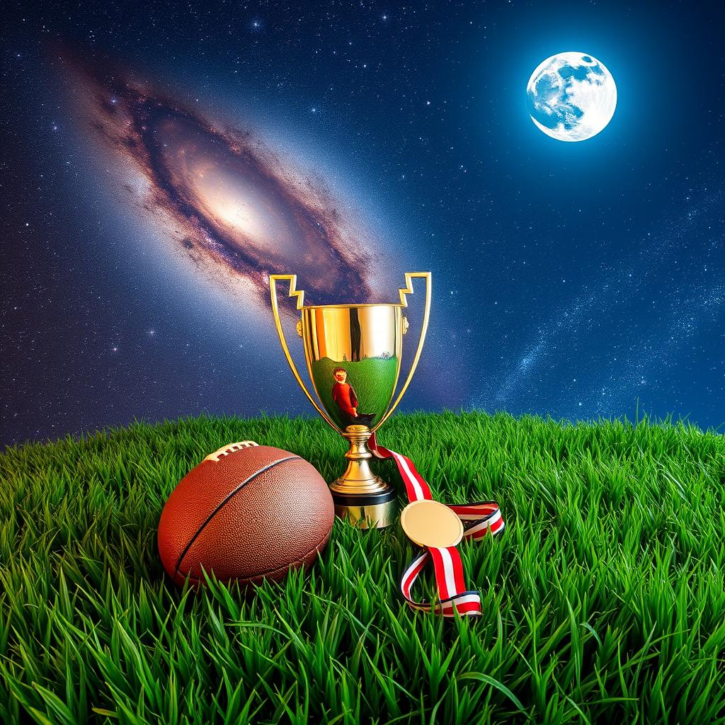 A realistic background featuring lush green grass with a football, a championship trophy, and a gold medal prominently displayed