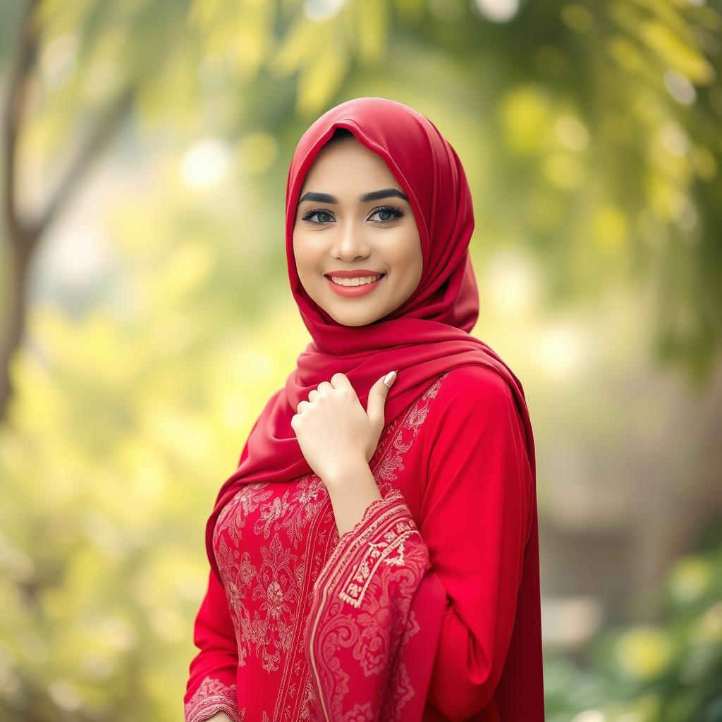 A beautiful woman wearing a stylish red hijab, complemented by elegant red clothing