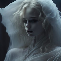 A close-up portrait for an album cover depicting an ethereal female ghost, showcasing her otherworldly beauty in remarkable detail