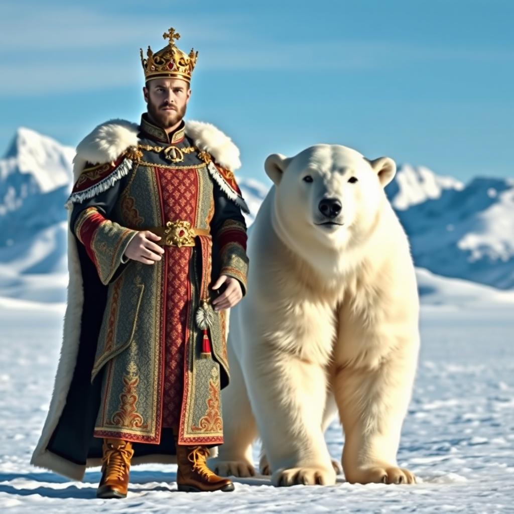 A powerful prince standing confidently beside a majestic polar bear in a snowy landscape