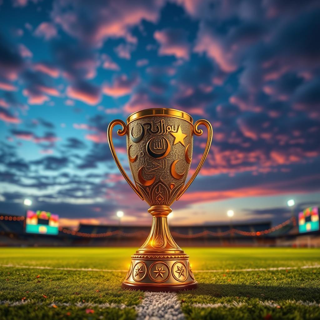 A captivating scene depicting the Ramadan Football Cup, showcasing an intricately designed trophy decorated with symbols of Ramadan such as crescent moons and stars
