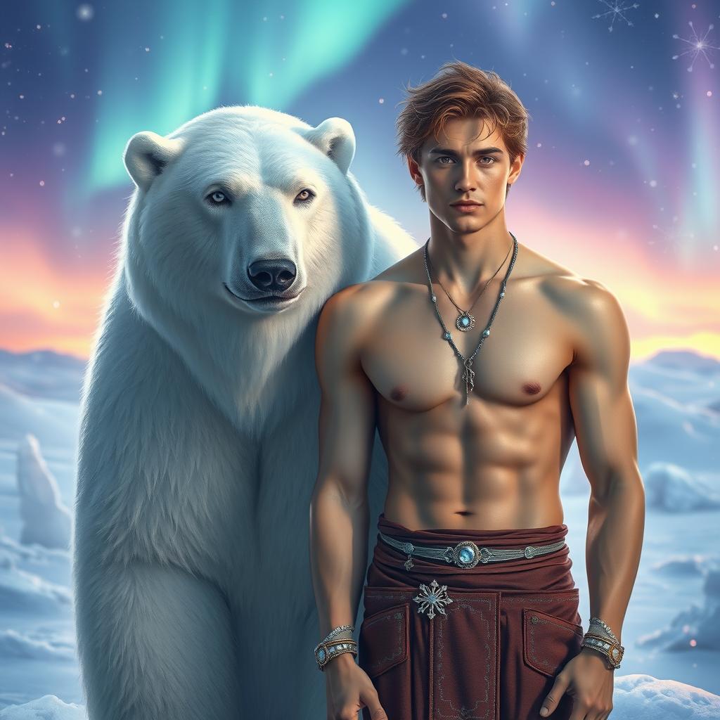 A handsome prince wearing minimal clothing, showcasing his physique, confidently stands beside a majestic polar bear in a magical, enchanting snowy landscape