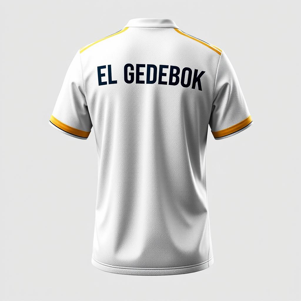 A realistic depiction of a Real Madrid soccer jersey, featuring the classic white color with gold accents and the iconic club crest on the chest