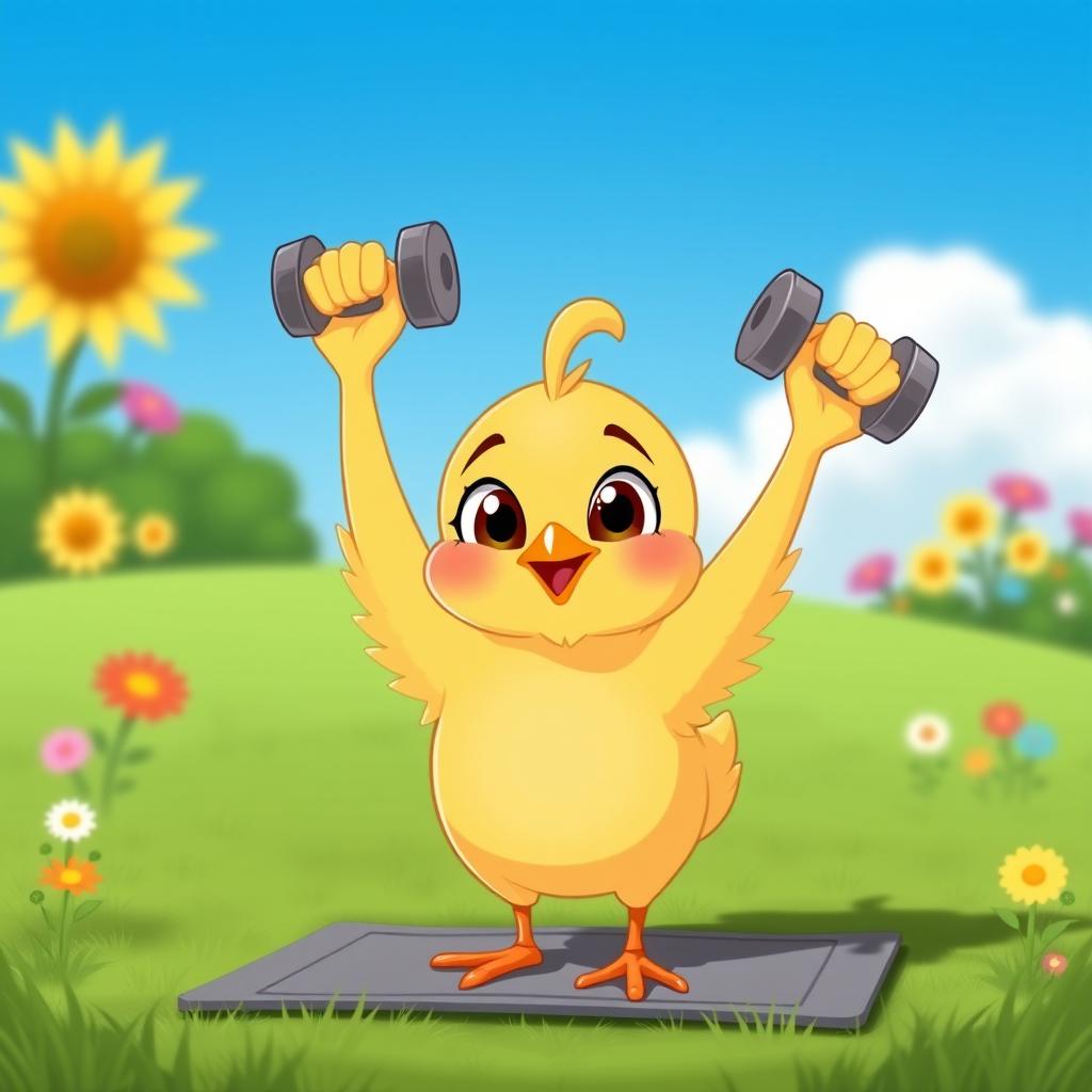 A cute little cartoon chicken lifting tiny weights, showcasing its determination and strength