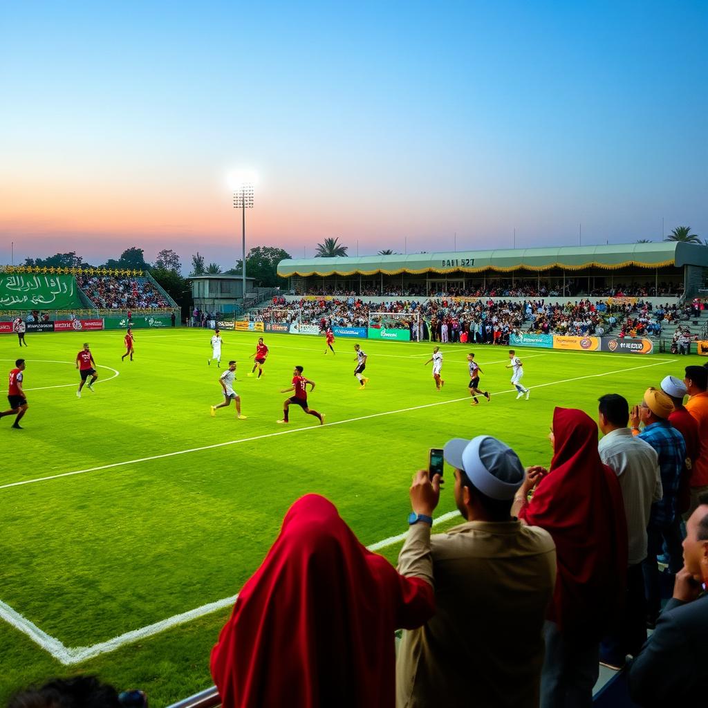 An exciting scene of a football match taking place during Ramadan, featuring players in dynamic action on a well-maintained green pitch