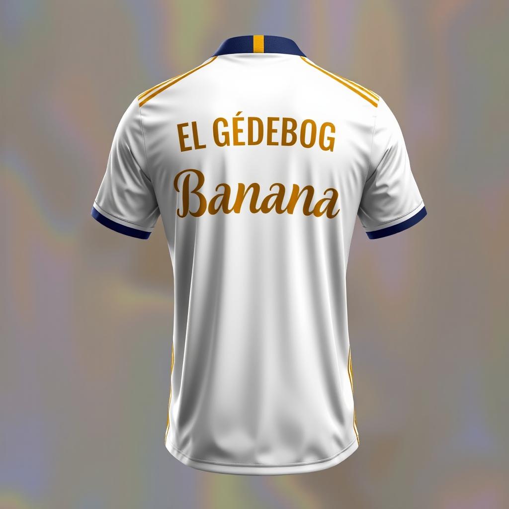 A realistic and detailed depiction of a Real Madrid soccer jersey, featuring the iconic white and gold colors