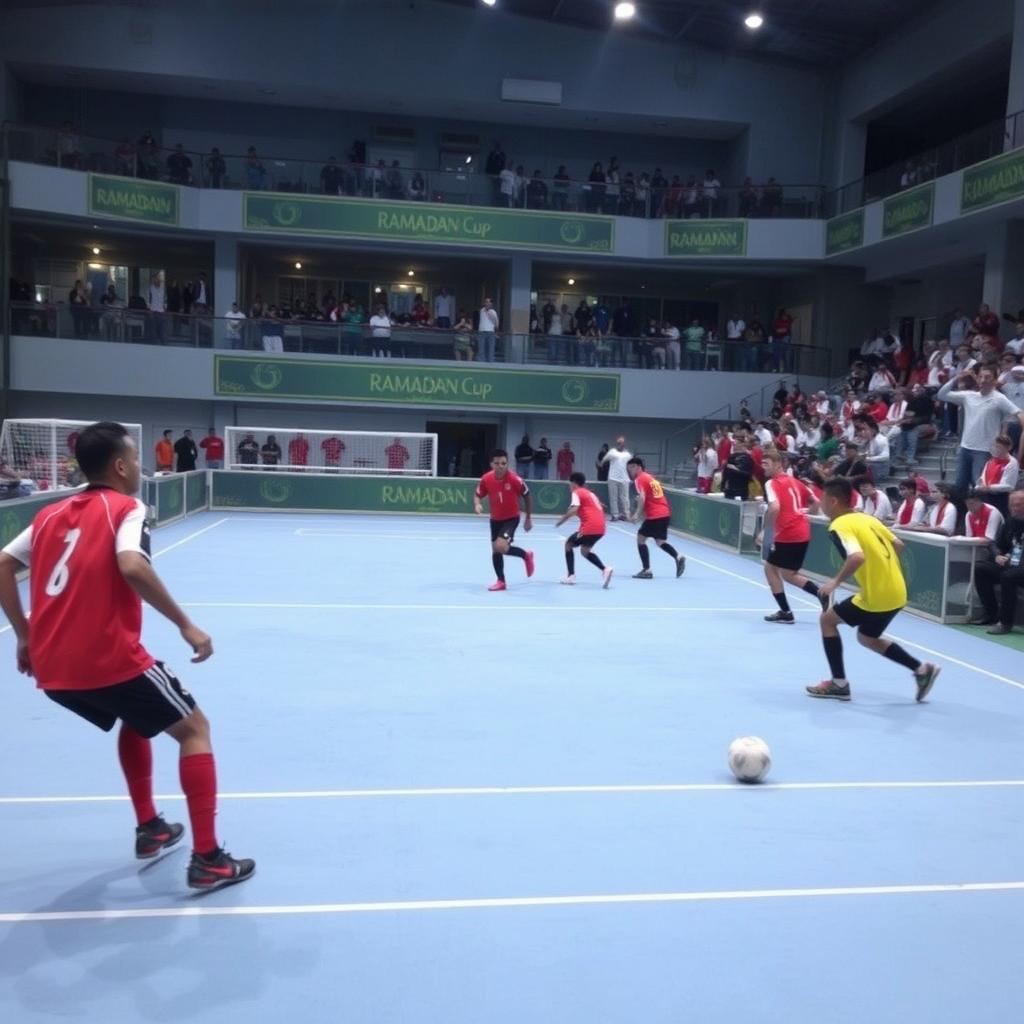 An energetic indoor football match for the Ramadan Cup, featuring players in action with vibrant jerseys