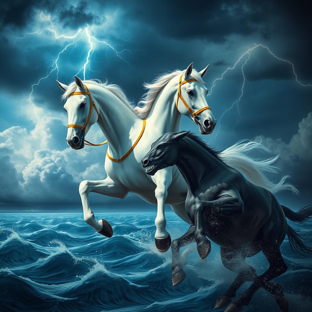A stunning scene depicting a beautiful white horse with golden ears and a golden bridle, valiantly battling in the sky above a vast, stormy sea against a fierce black horse with a bald head and an angry expression