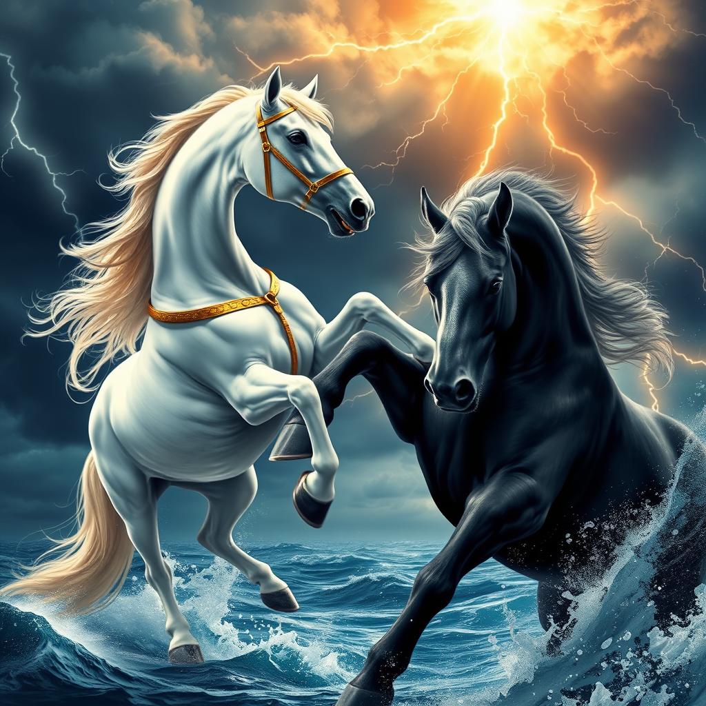 A breathtaking image of a beautiful white horse with golden ears and a shimmering golden bridle, engaged in an intense battle in the sky above a vast, stormy sea