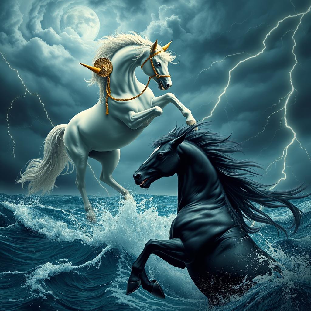 A majestic scene showcasing a beautiful mythical white horse adorned with golden ears and a golden bridle, fiercely battling in the sky above a tumultuous, stormy sea