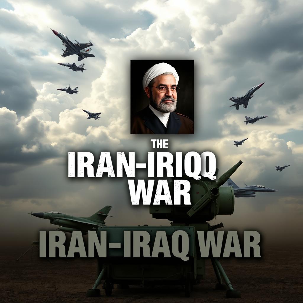 A visually striking book cover centered around the theme of the Iran-Iraq War, showcasing advanced Iranian air defense equipment prominently in the foreground, including anti-aircraft systems and fighter jets in action