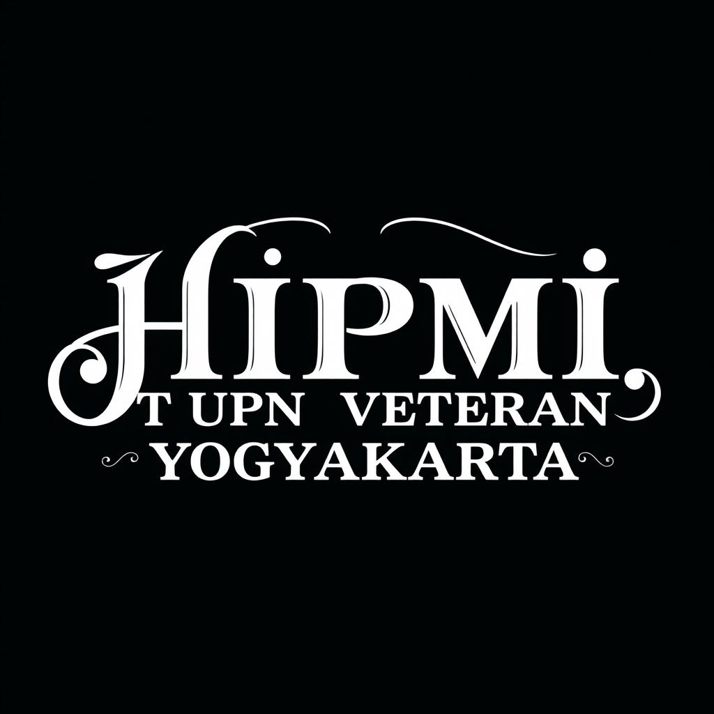 A captivating typographic design showcasing the text "HIPMI, PT UPN VETERAN YOGYAKARTA" in a combination of calligraphic vintage and retro fonts