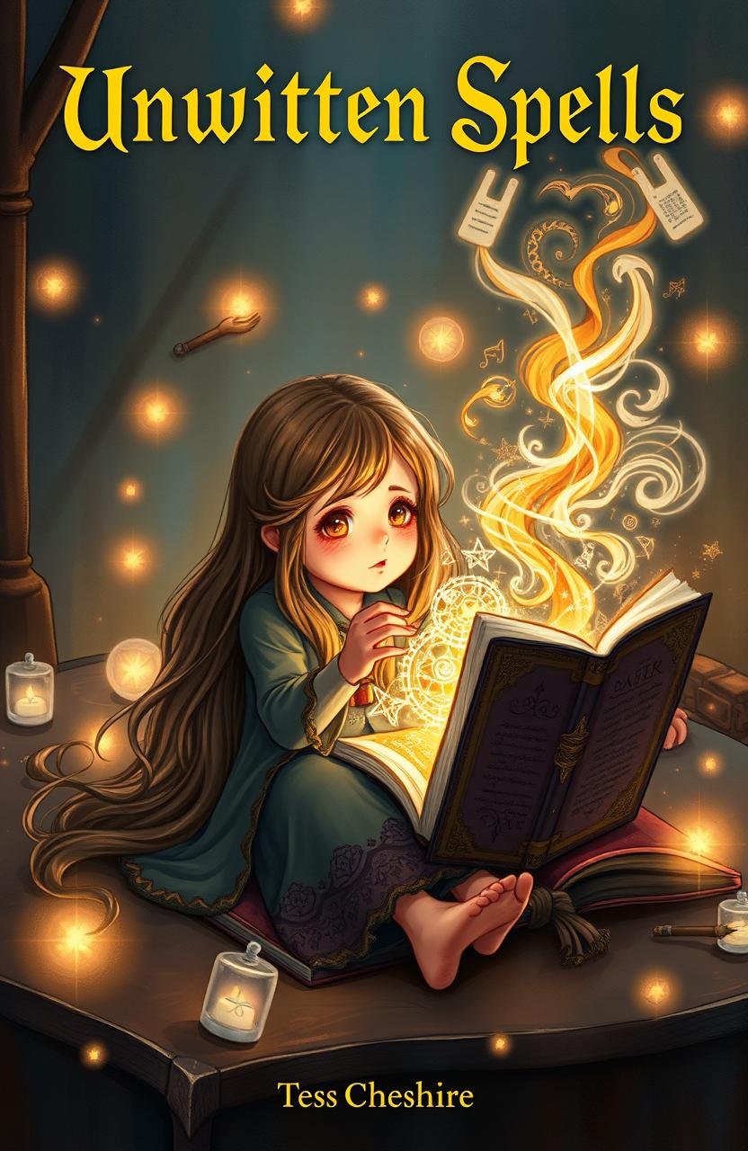 A beautifully illustrated journal titled 'Unwritten Spells' by Tess Cheshire, halfway open with magical spells swirling and radiating from its pages