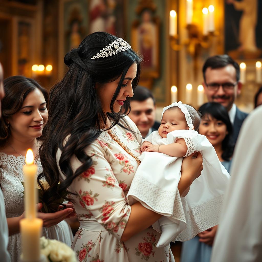 A beautiful Romanian baptism ceremony featuring a brunette godmother holding a baby dressed in a traditional white gown