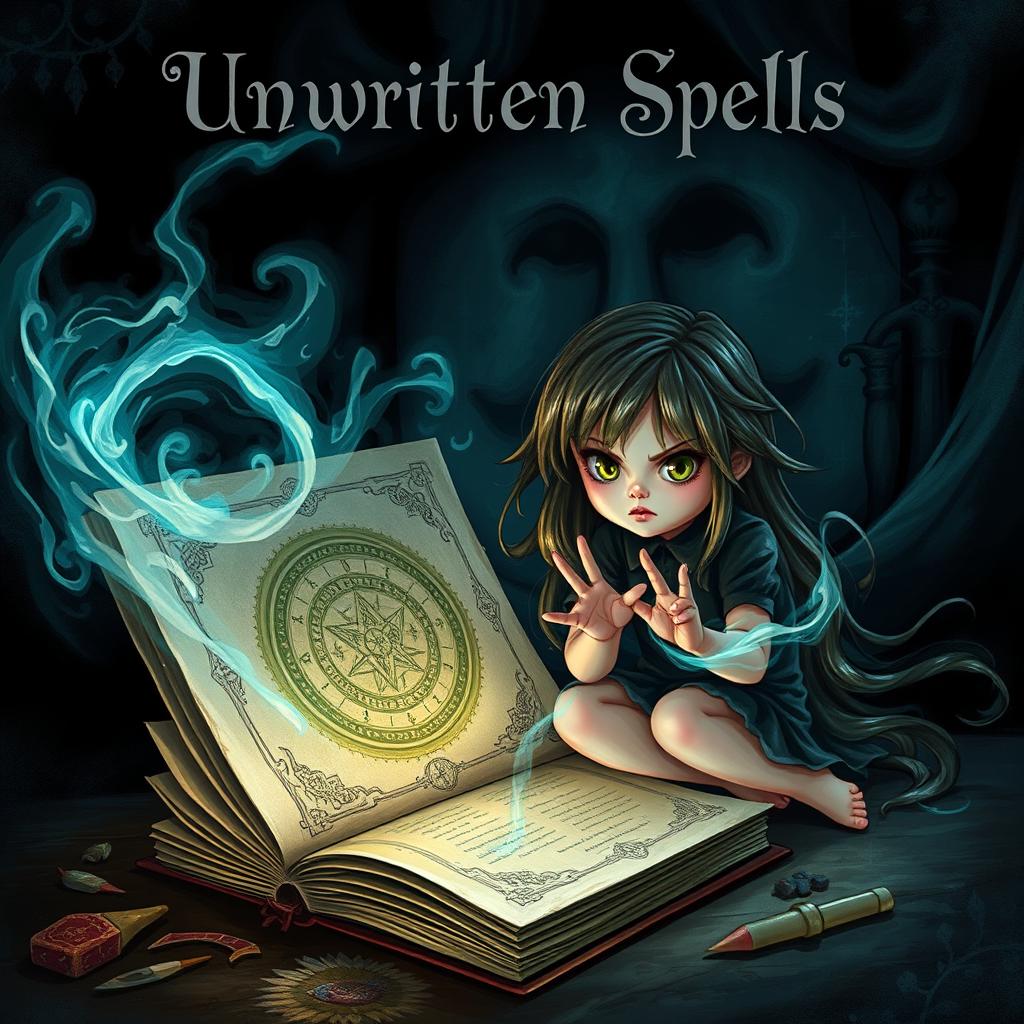 A beautifully illustrated journal titled 'Unwritten Spells' by Tess Cheshire, halfway open with dark and mystical magic swirling ominously from its pages