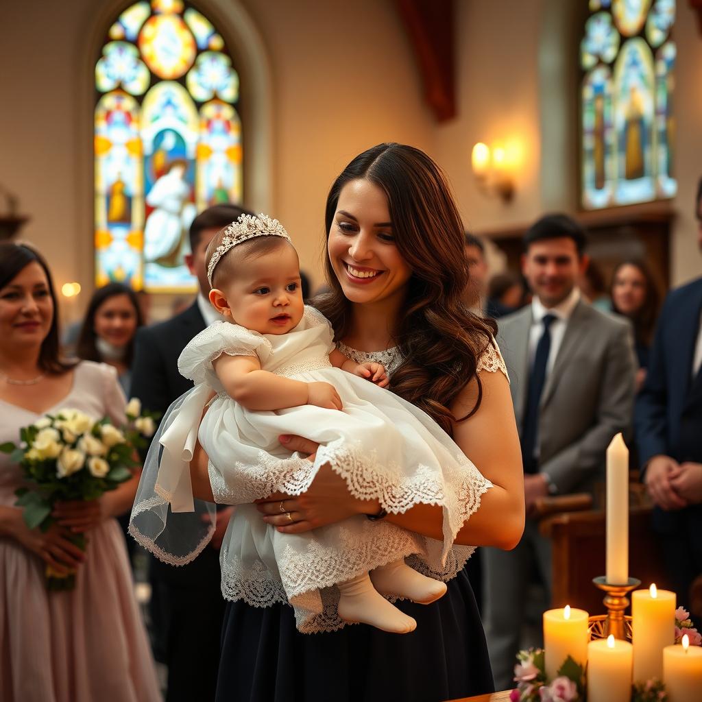A joyful Romanian baptism scene featuring a brunette godmother holding a beautifully adorned child, who is dressed in a traditional baptism gown