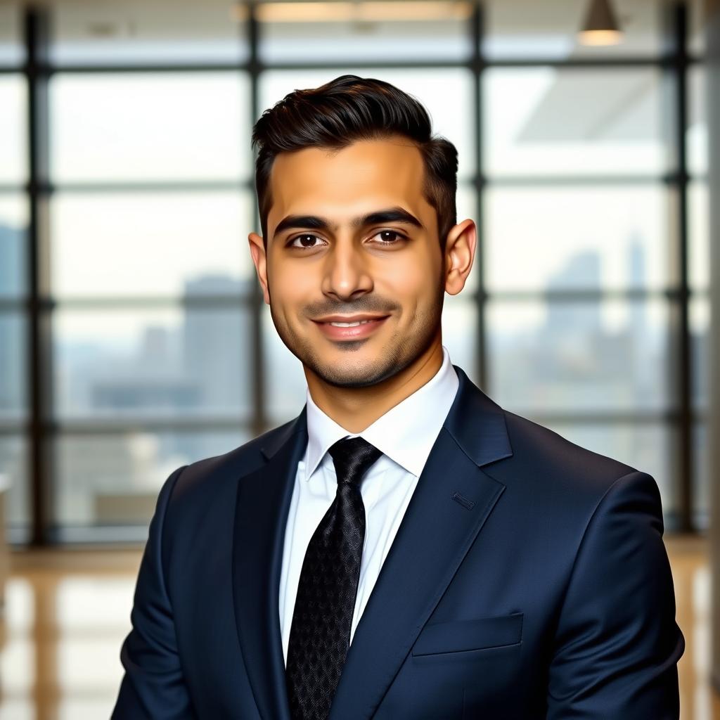 A professional portrait of a 31-year-old man named Farzin Mehrad, who is a financial manager of a large corporation