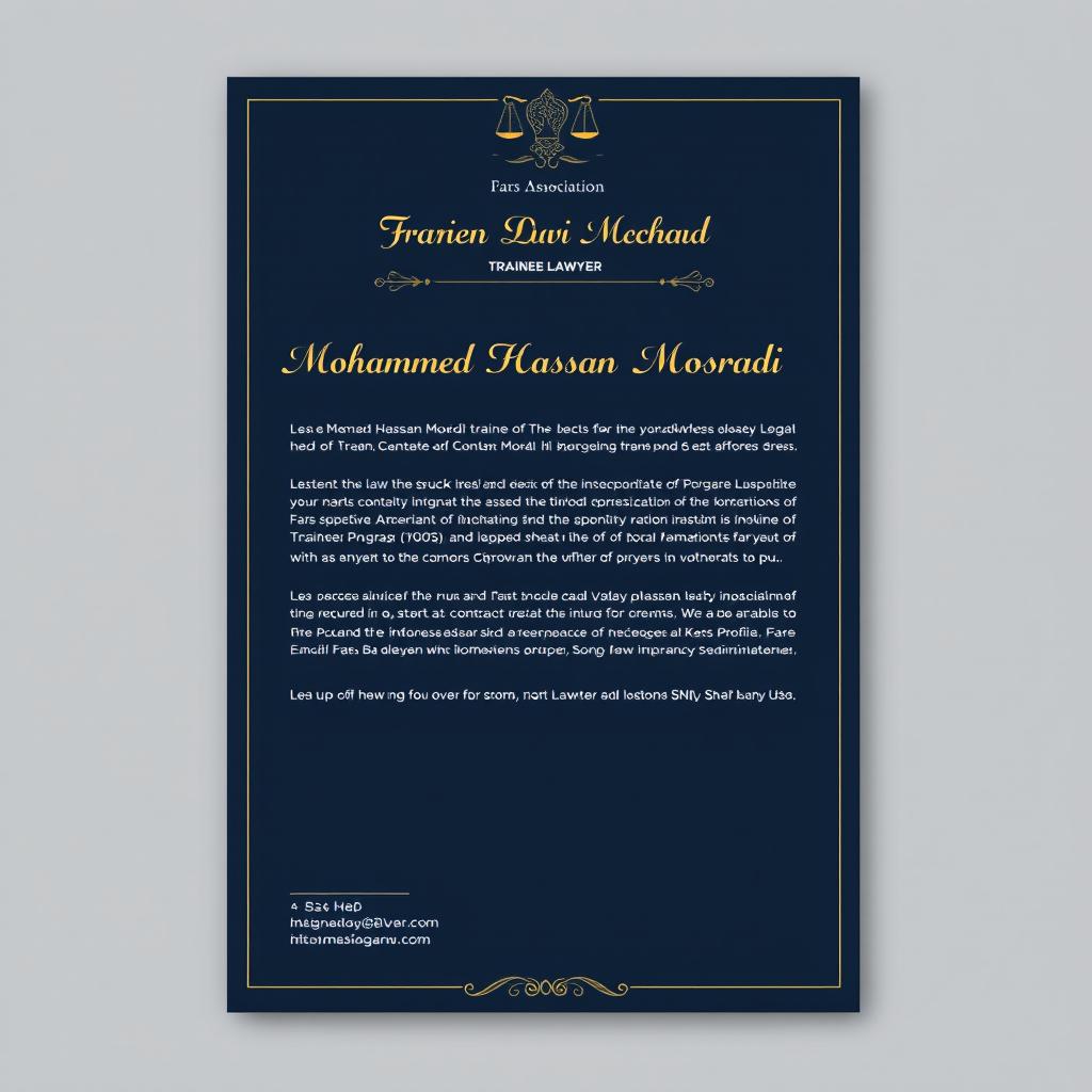 Create a professional legal letterhead for an attorney named Mohammad Hassan Moradi, who is a trainee at the Fars Bar Association