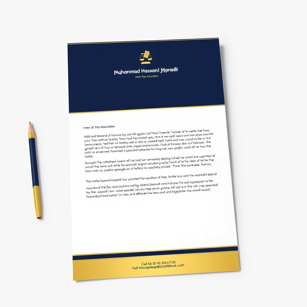 A professional law firm letterhead featuring the name 'Mohammad Hassan Moradi', with a designation of 'Intern at the Fars Bar Association'
