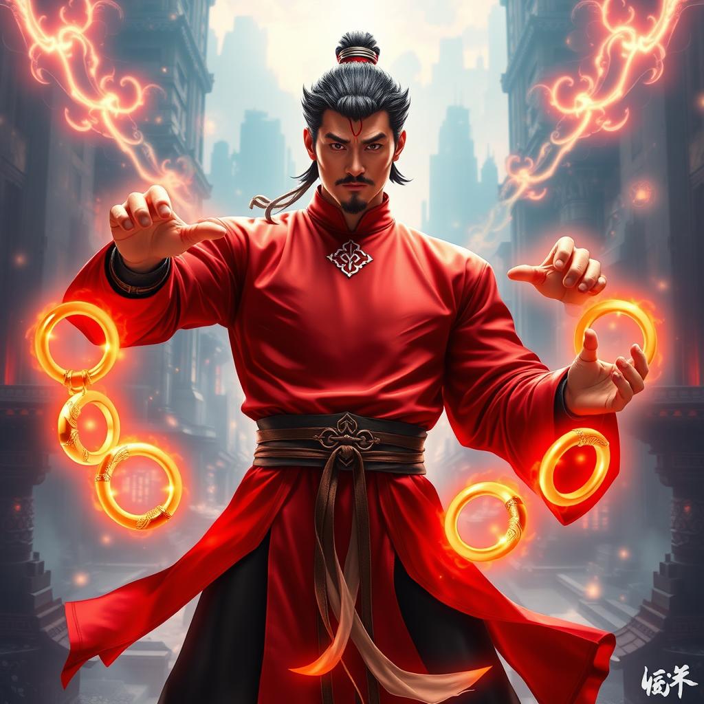 A stunning, mystical image of Shang-Chi wearing his iconic red and black martial arts outfit, standing powerfully with glowing Ten Rings floating around his wrists