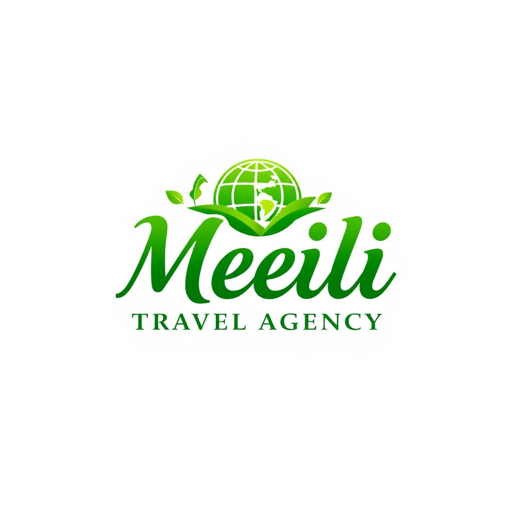A logo design for 'Meili Travel Agency', featuring a vibrant green color scheme that symbolizes freshness and nature
