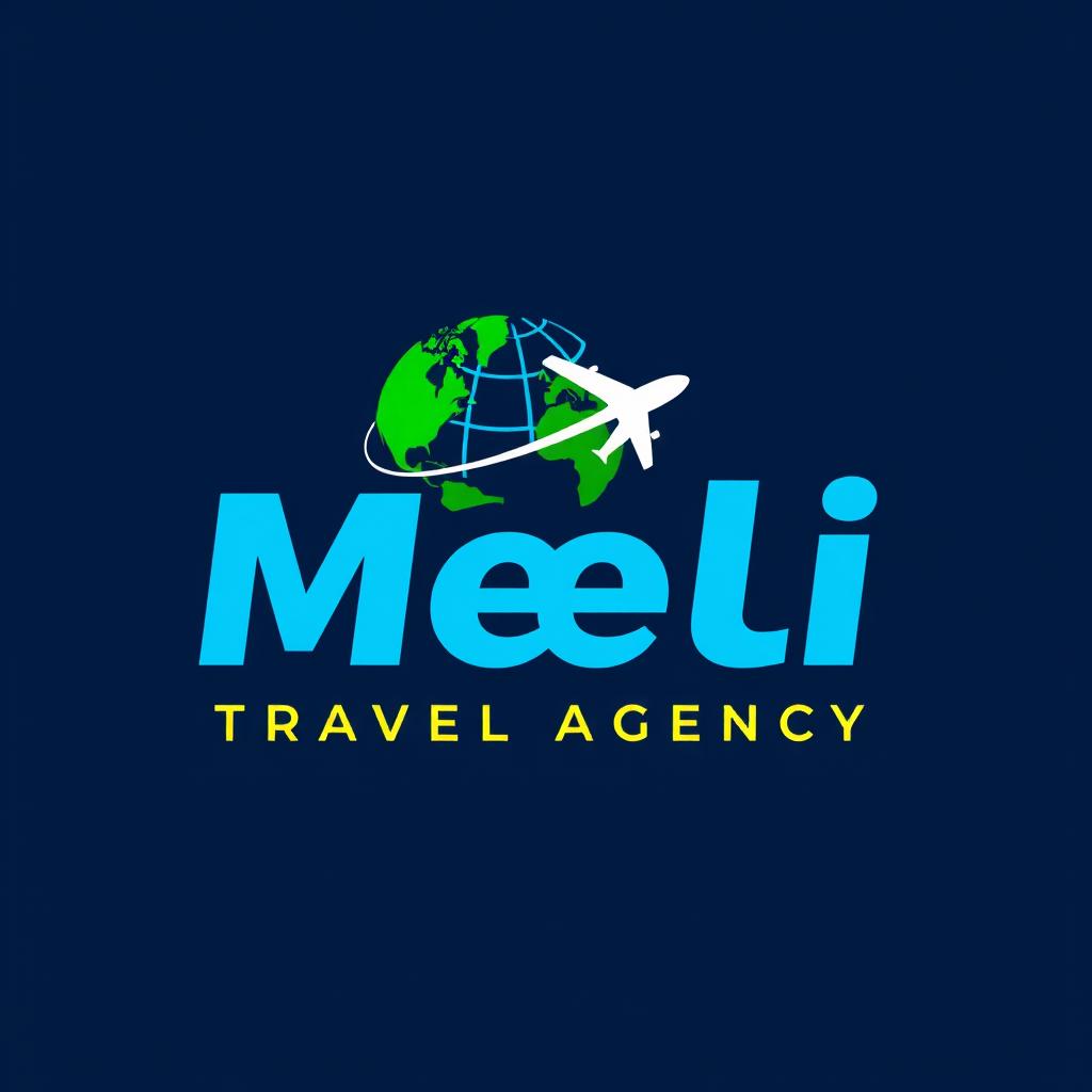 A modern and sleek logo for 'Meili Travel Agency', featuring a stylized globe and an airplane integrated into the design