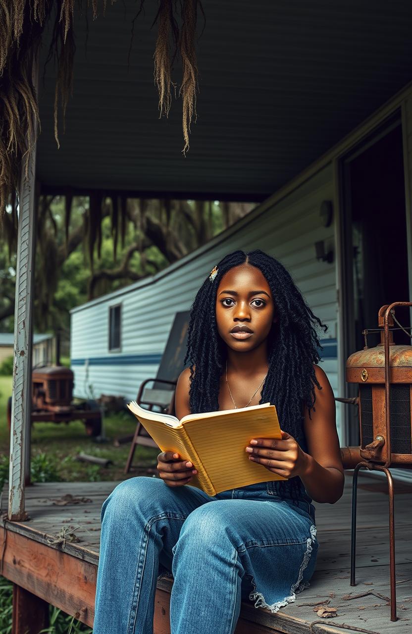 A poignant Southern Gothic scene capturing a coming-of-age story featuring a 17-year-old African American girl living in a trailer park