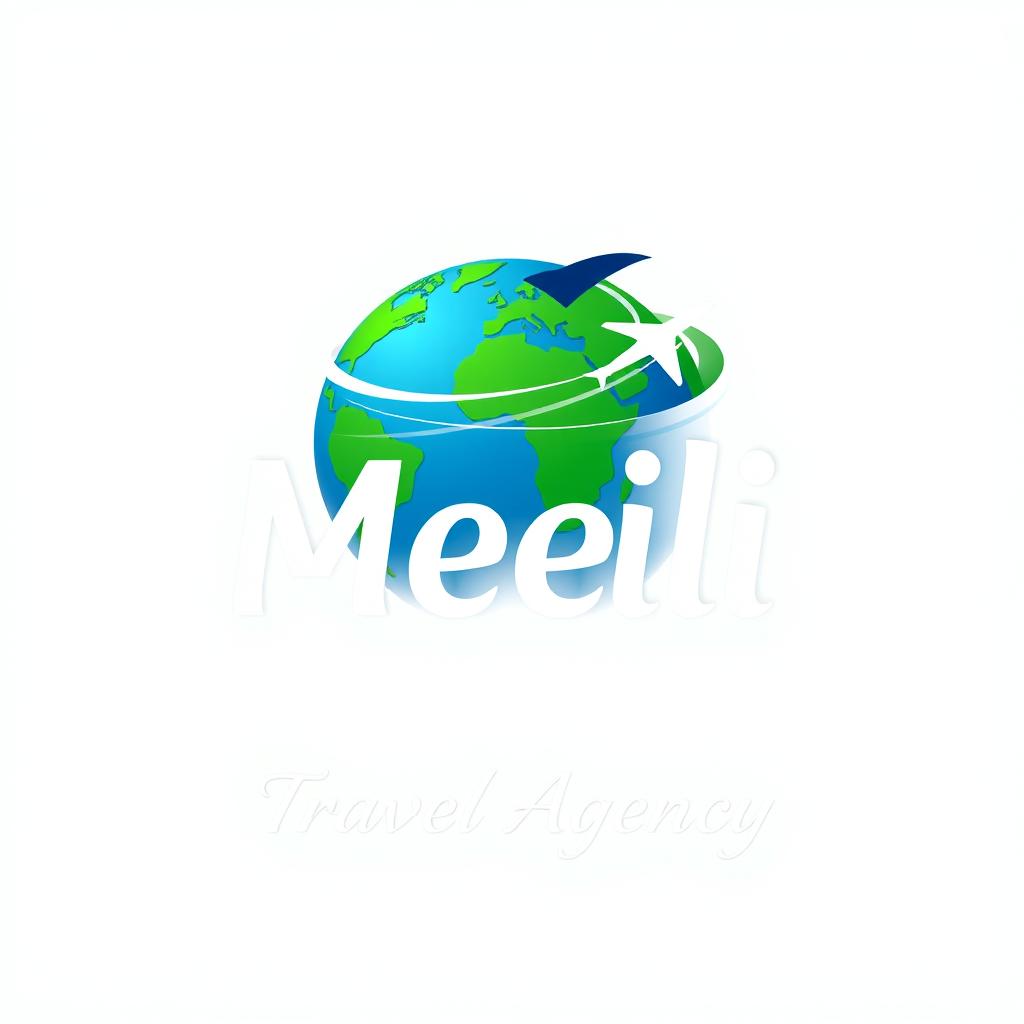A modern and sleek logo design for 'Meili Travel Agency', featuring a stylized globe with a silhouette of an airplane in motion around it