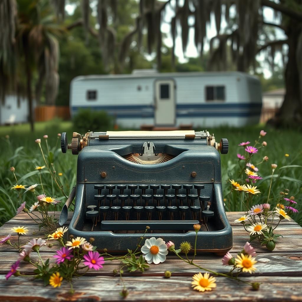 A vintage typewriter set against a rustic Southern Gothic backdrop, embodying the spirit of a coming-of-age story titled 'Where Flowers Grow