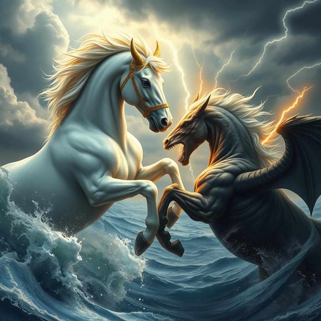 A beautiful, mythical white horse with shining golden ears and a sparkling golden bridle, fiercely engaged in battle amidst a cloudy sky and over a vast, tumultuous stormy sea