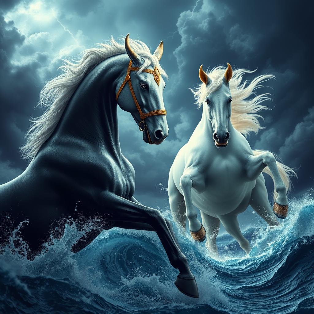 A breathtaking scene featuring a beautiful, white mythical horse with shimmering golden ears and an ornate golden bridle, engaged in a fierce battle in a dramatic, cloudy sky