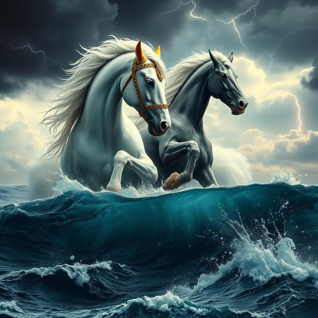 A stunning image of a beautiful, white mythical horse with golden ears and an intricately designed golden bridle, engaged in a fierce battle in a tumultuous, cloudy sky
