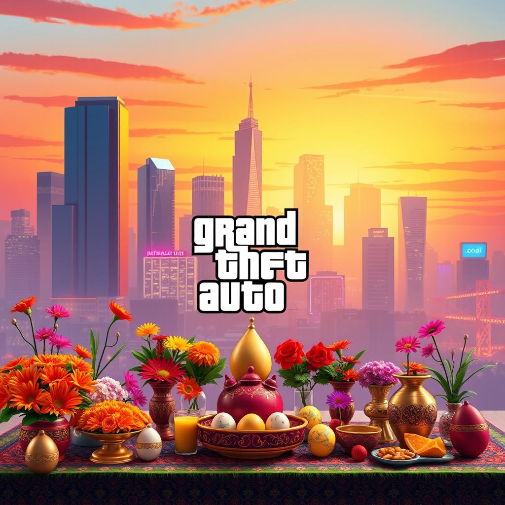 A vibrant and colorful background inspired by the Persian New Year (Norooz) blended with elements from the Grand Theft Auto (GTA) game series