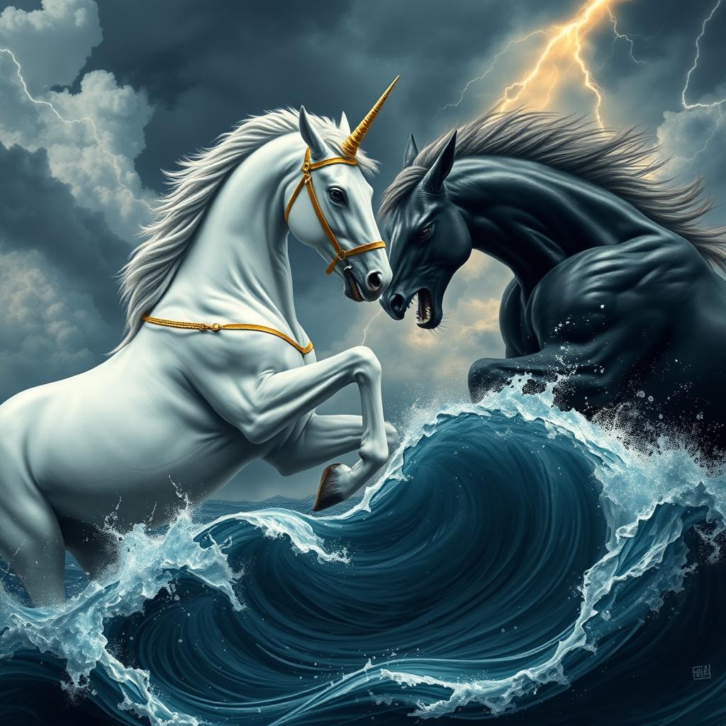 A stunning portrayal of a beautiful, white mythical horse adorned with golden ears and a luxurious golden bridle, engaged in a fierce battle amidst a chaotic, cloudy sky