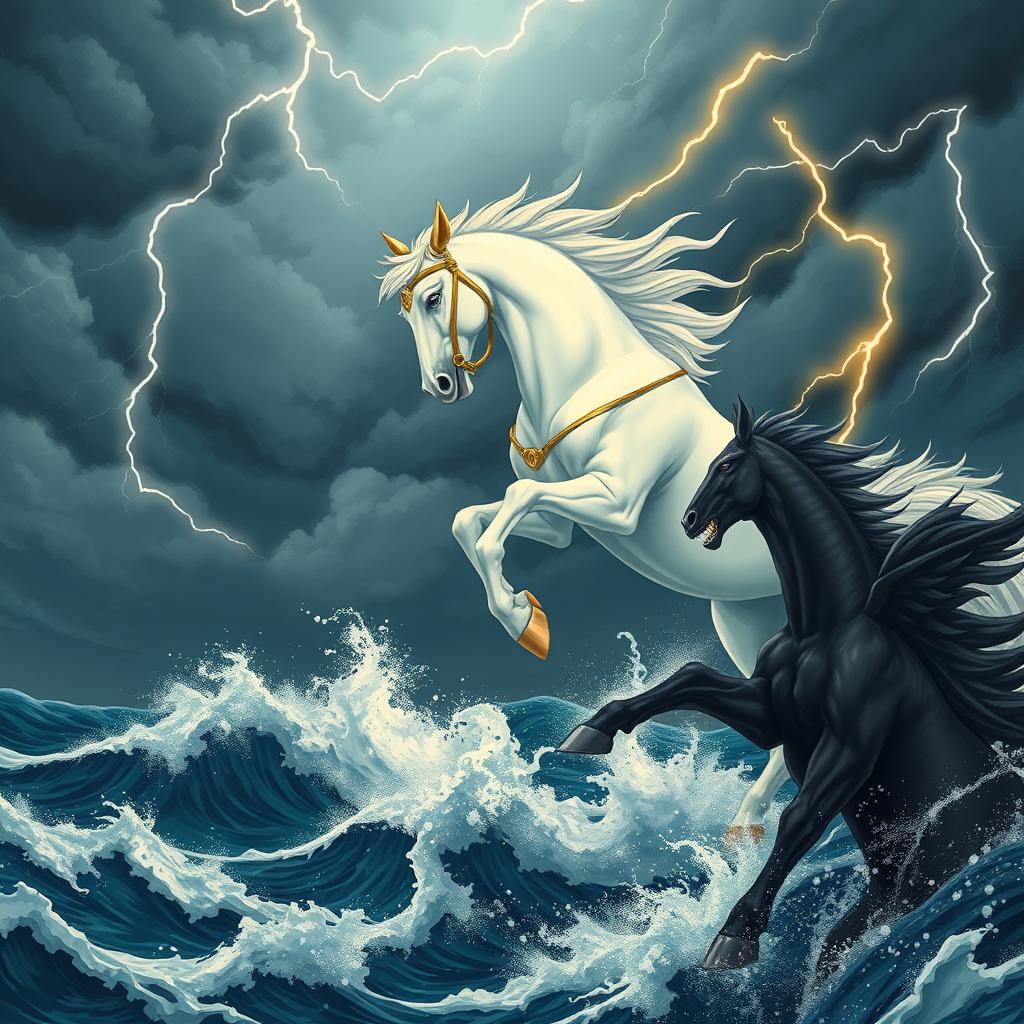 An exquisite illustration of a beautiful, white mythical horse with striking golden ears and an elegant golden bridle, engaged in a dramatic battle high above in a turbulent, cloudy sky