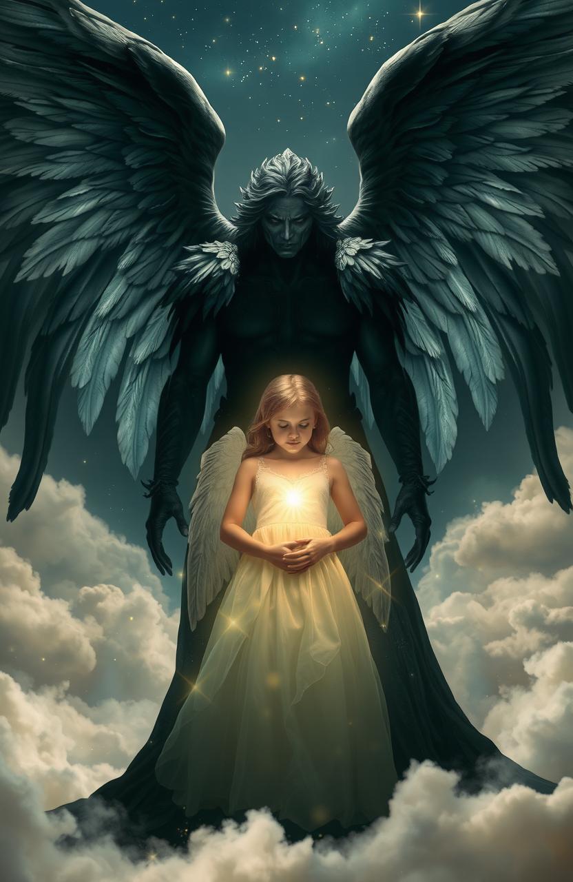 A powerful fallen angel standing protectively in shadows, watching over a glowing, ethereal girl who represents the daughter of God
