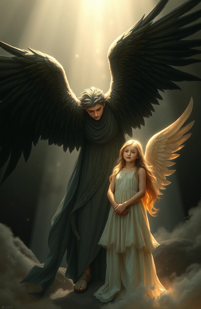 A fallen angel with dark, majestic wings gently hovering in a mystical shadowed environment, serving as the guardian of a radiant young girl who embodies purity and light