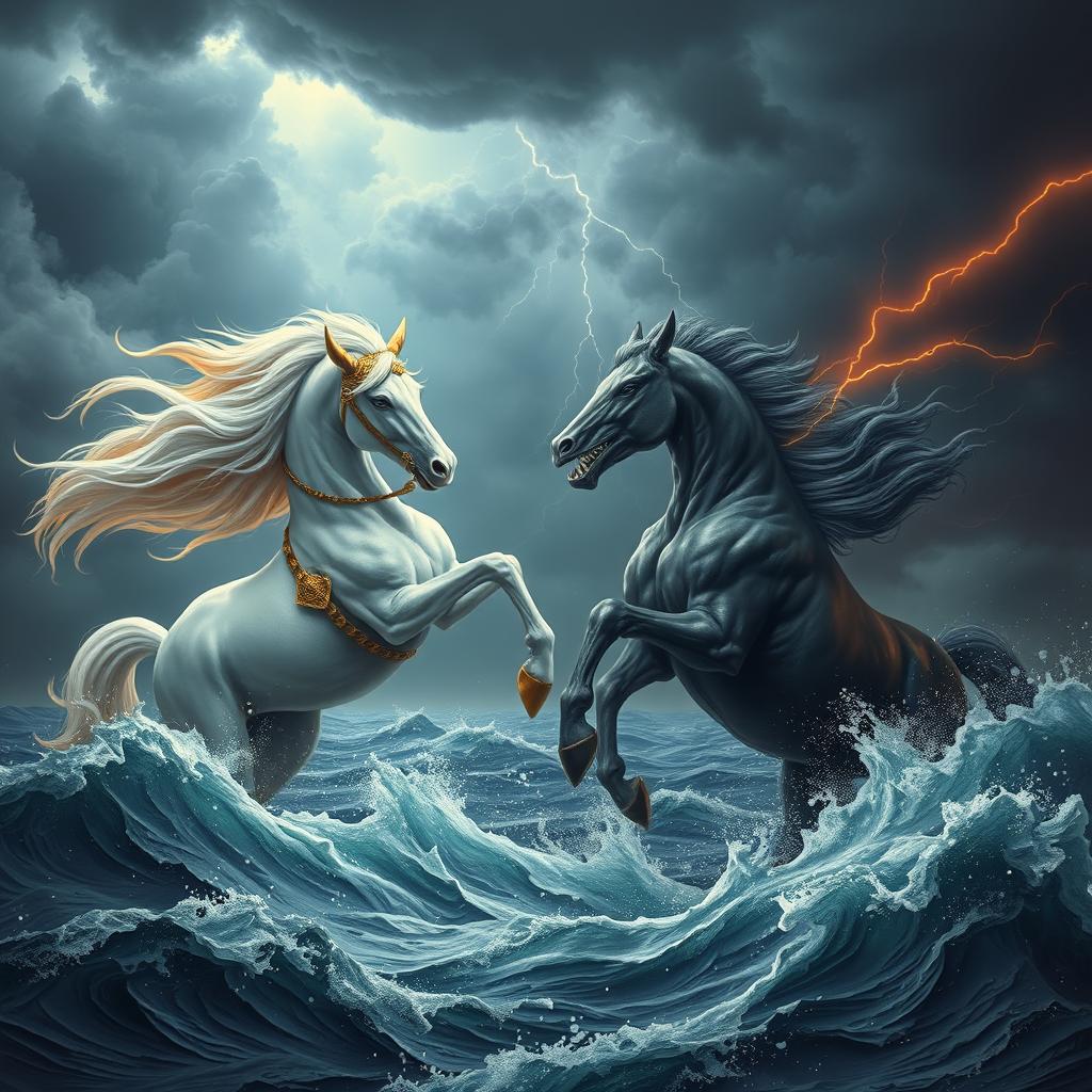An enchanting scene depicting a beautiful and white mythical horse with shimmering golden ears and an ornate golden bridle, fiercely battling in a turbulent, cloudy sky