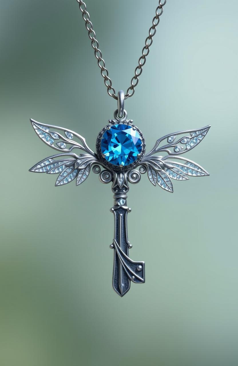 A beautifully crafted necklace featuring an ornate key pendant, set with a sparkling blue diamond