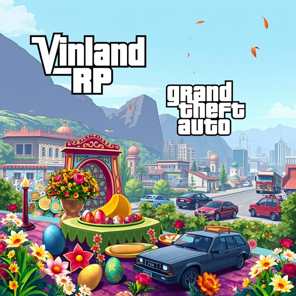 A vibrant and festive background inspired by Nowruz (Persian New Year) with elements such as Haft-Seen table, colorful eggs, and blooming flowers, intermingled with a Grand Theft Auto (GTA) aesthetic featuring urban landscapes, graffiti art, and iconic vehicles