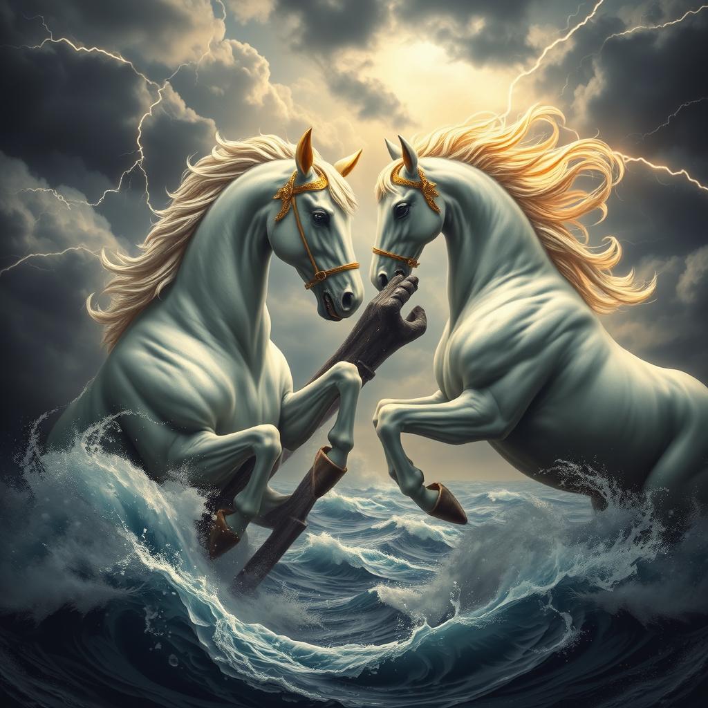 A stunning depiction of a beautiful and white mythical horse with radiant golden ears and an ornate golden bridle, engaged in a fierce battle in a dramatic, cloudy sky